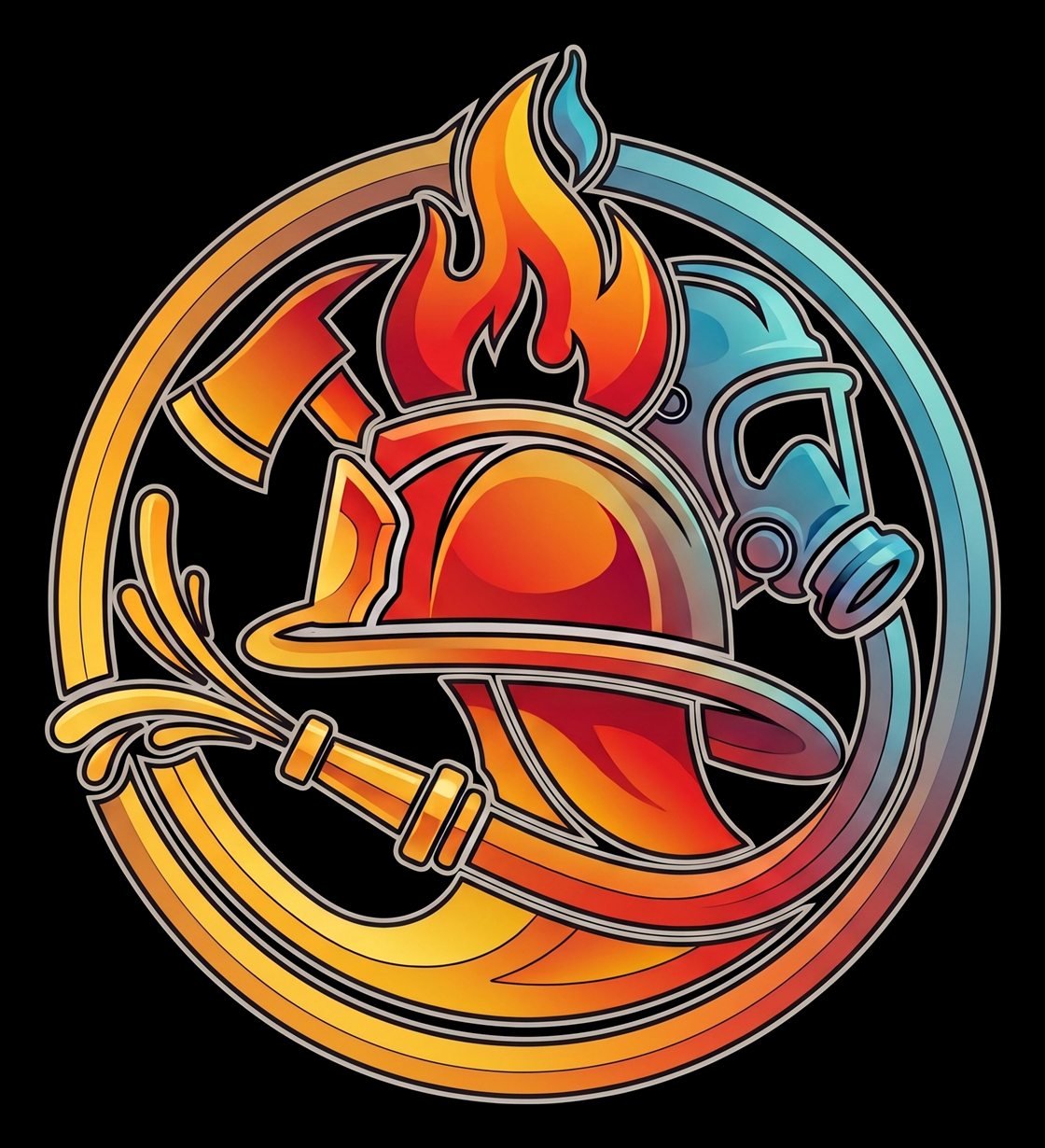 Logo brandinspektor.com: Feuerwehrhelm mit Flamme, Axt, Atemschutzmaske und Strahlrohr